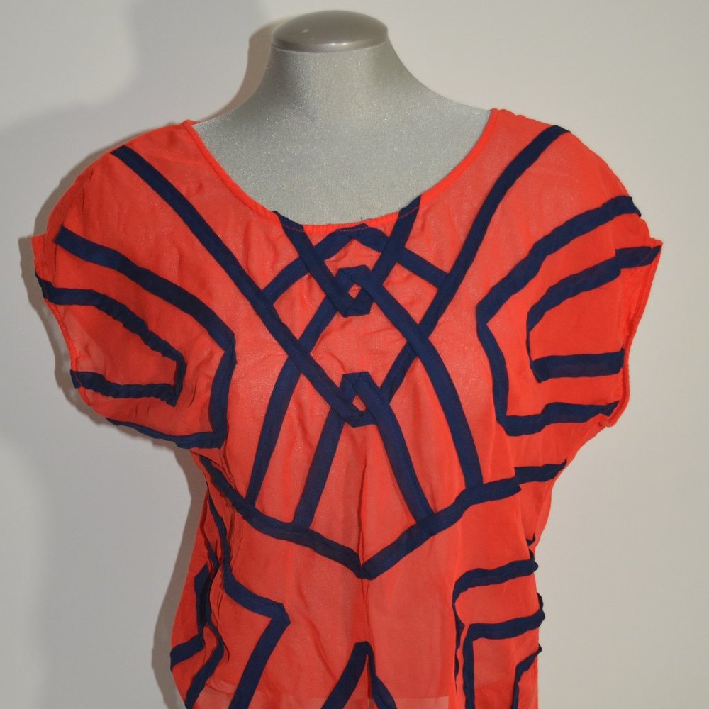 Ecote Orange Sheer Front Top with Navy Detail
